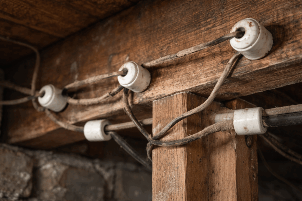 close-up of old knob and tube wiring with porcelain knobs and cloth-covered wires in a residential home
