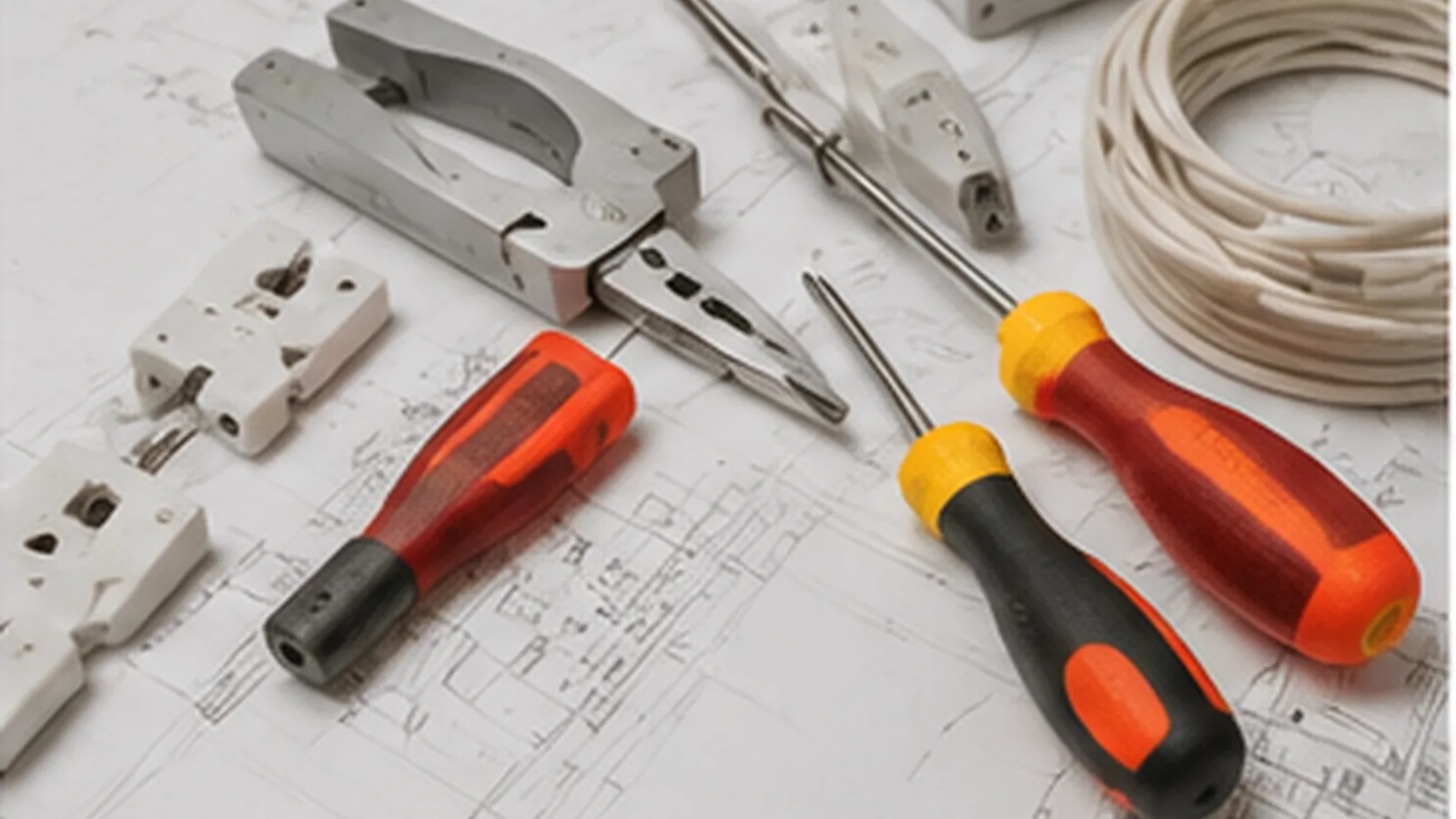 Electrical tools and cable laid out on project plans
