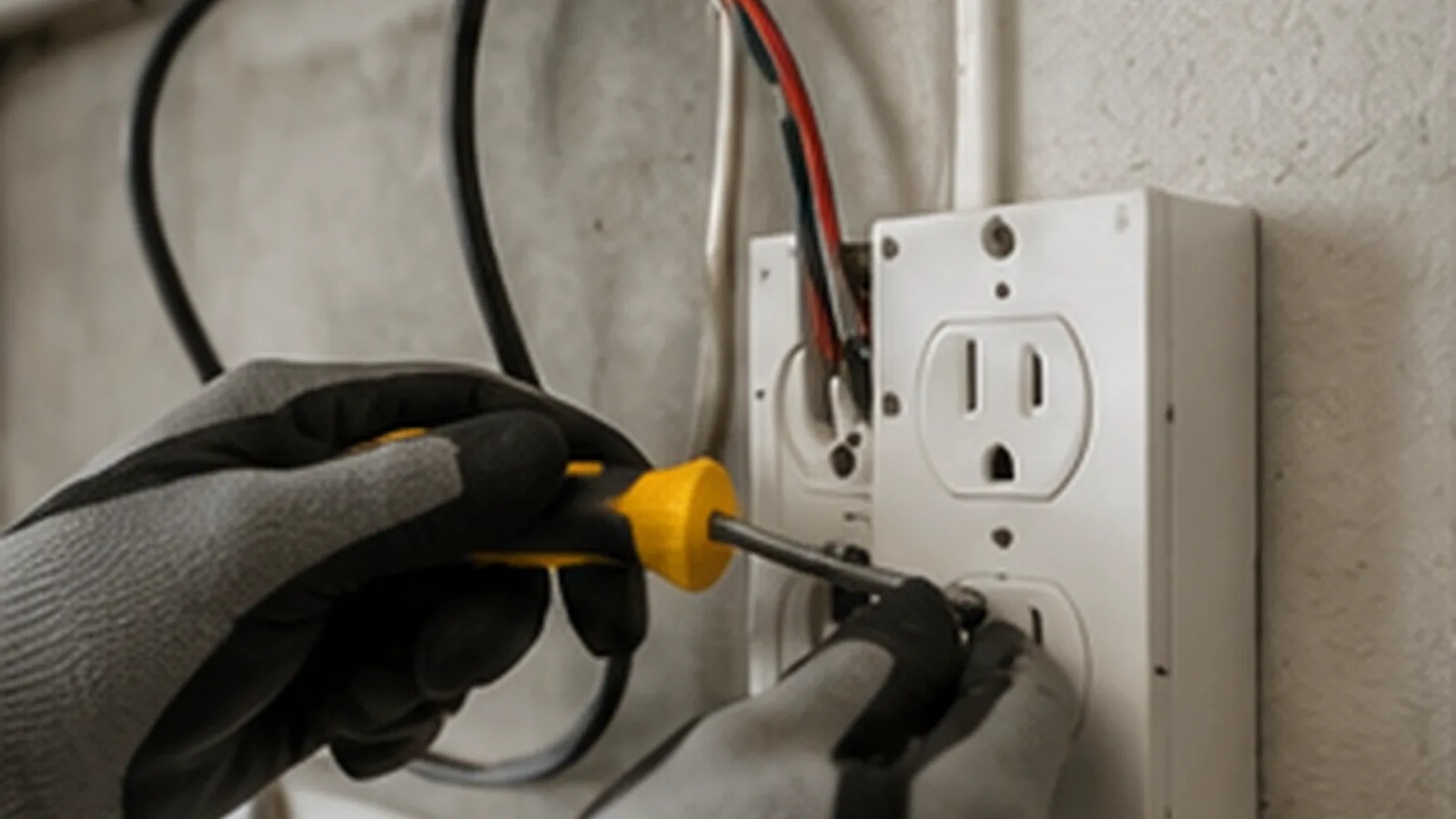 Gloved hands repairing a residential electrical outlet