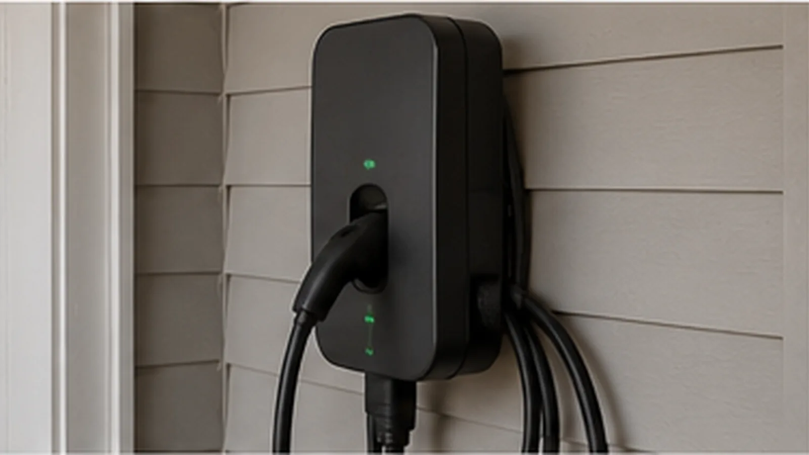 Wall-mounted Level 2 electric vehicle charger on a suburban home exterior