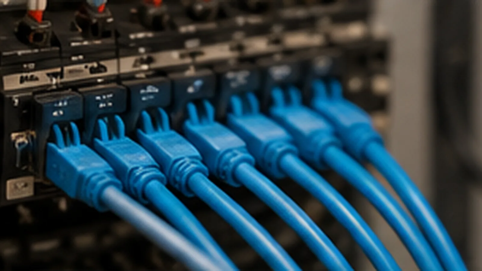Blue low-voltage network cabling connected to a rack panel