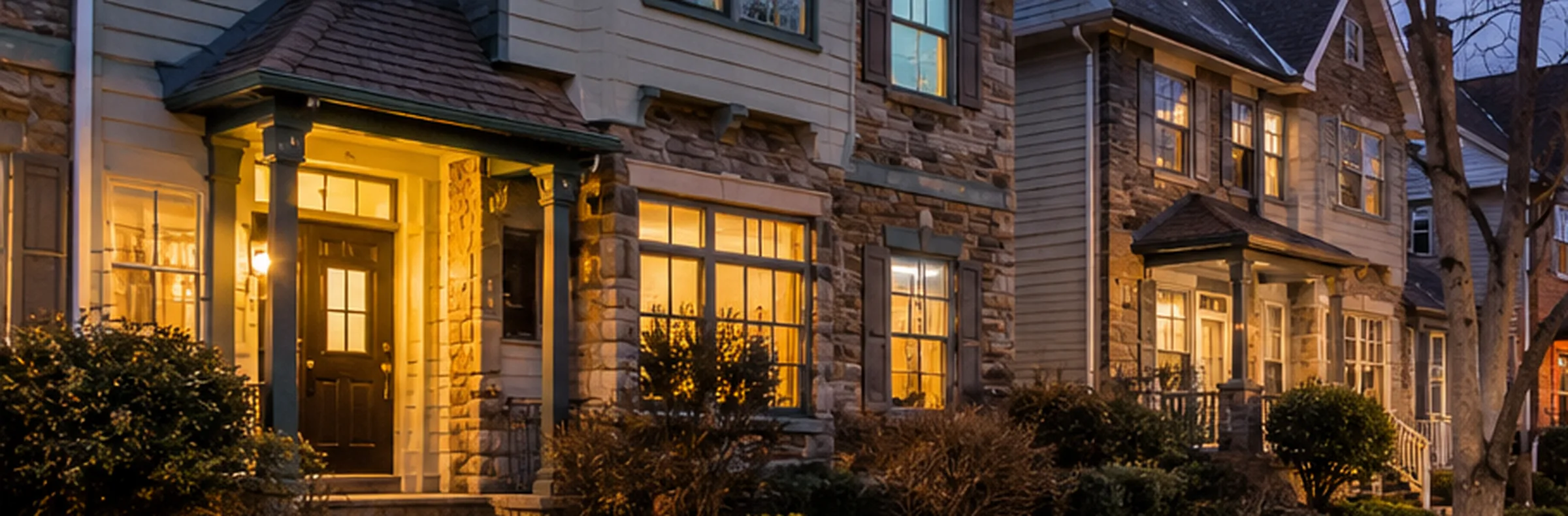 Older Pennsylvania homes along a tree-lined neighborhood street at dusk