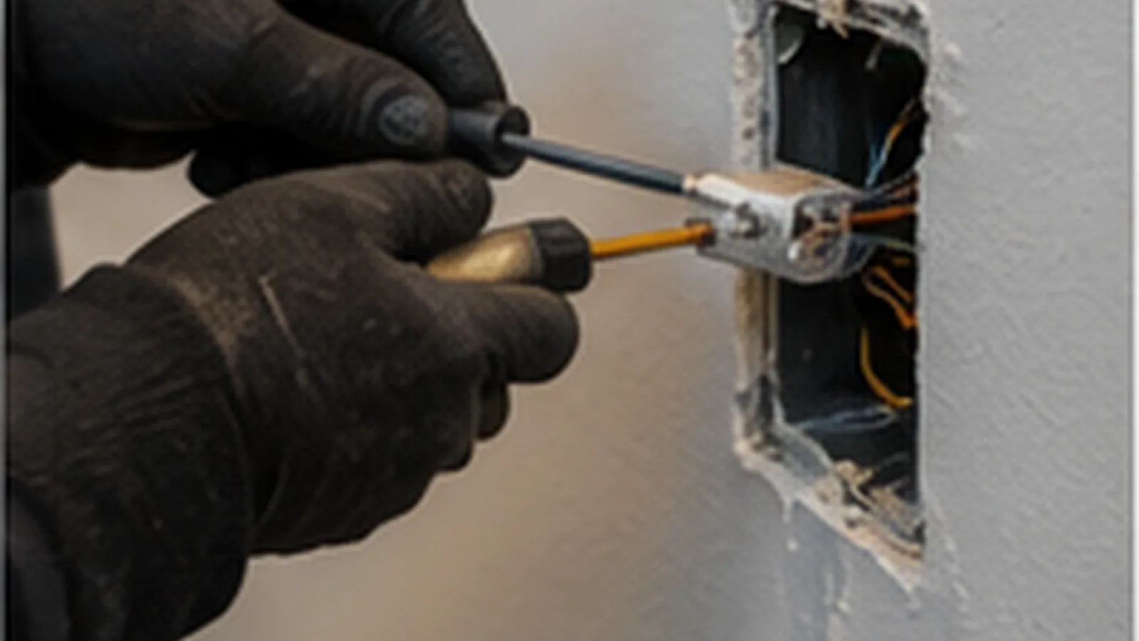 Gloved hands replacing old wiring inside an opened wall