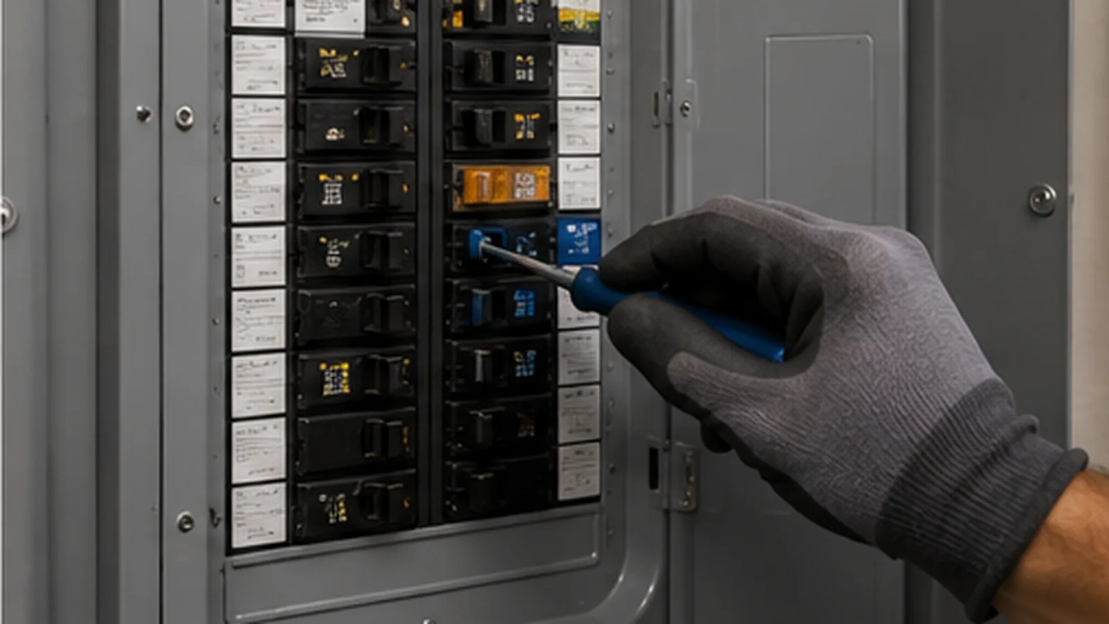 Gloved hand labeling or testing a modern residential breaker panel