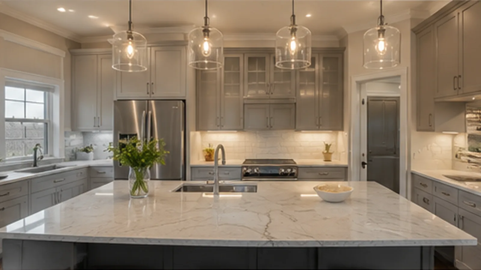 Pendant and recessed lighting in a bright renovated kitchen