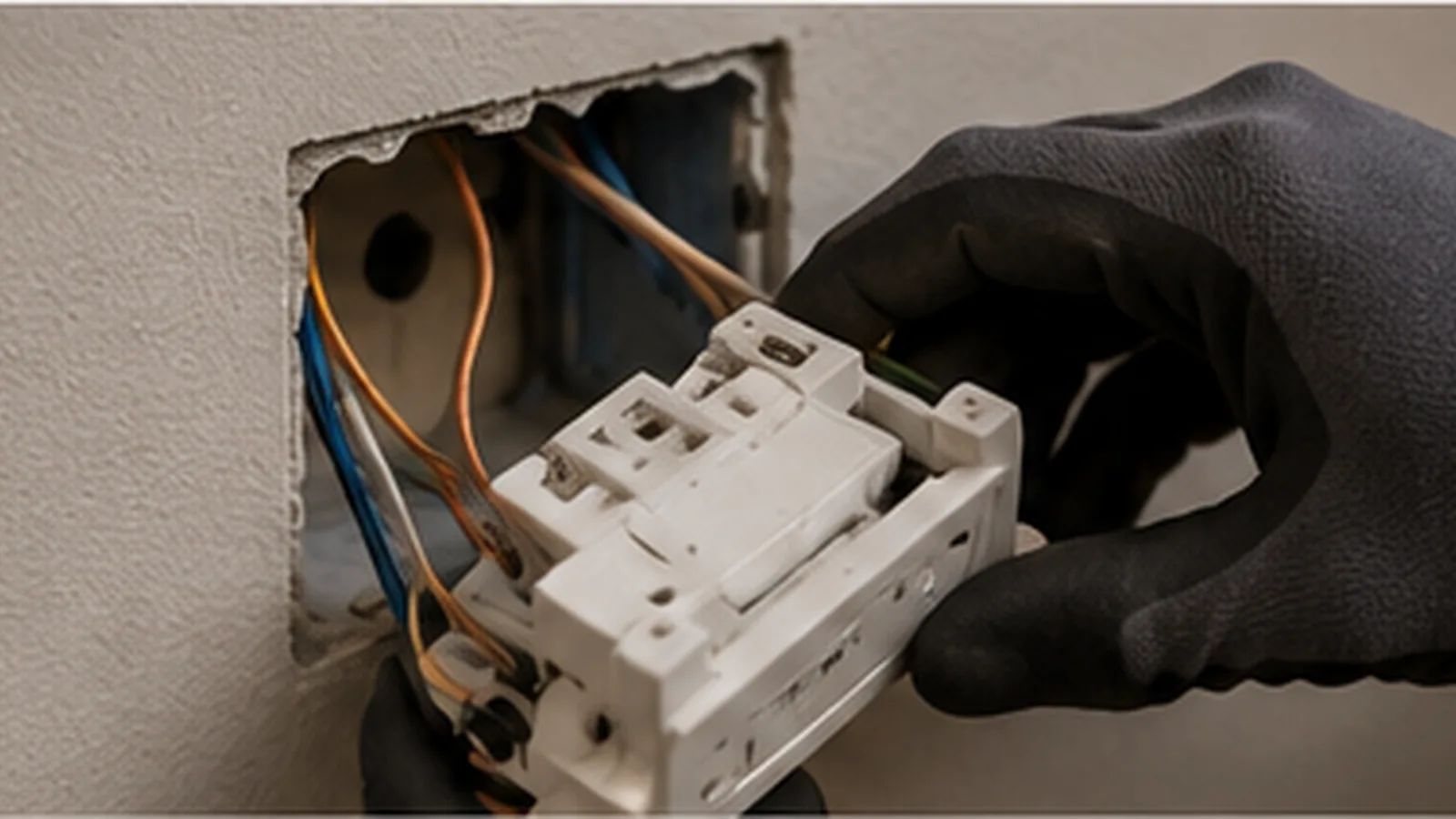 Gloved hand working on wiring inside an opened wall
