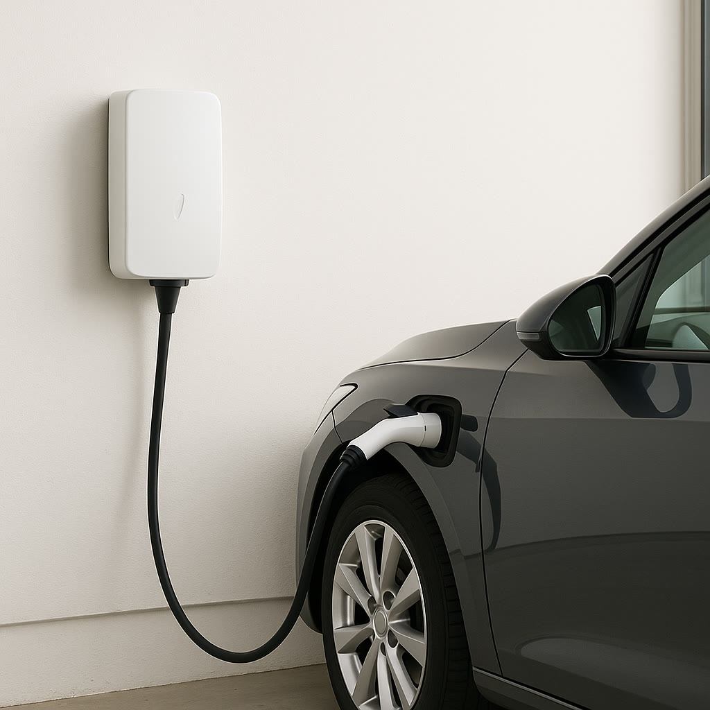 Wall-mounted Level 2 electric vehicle charger on a suburban home exterior