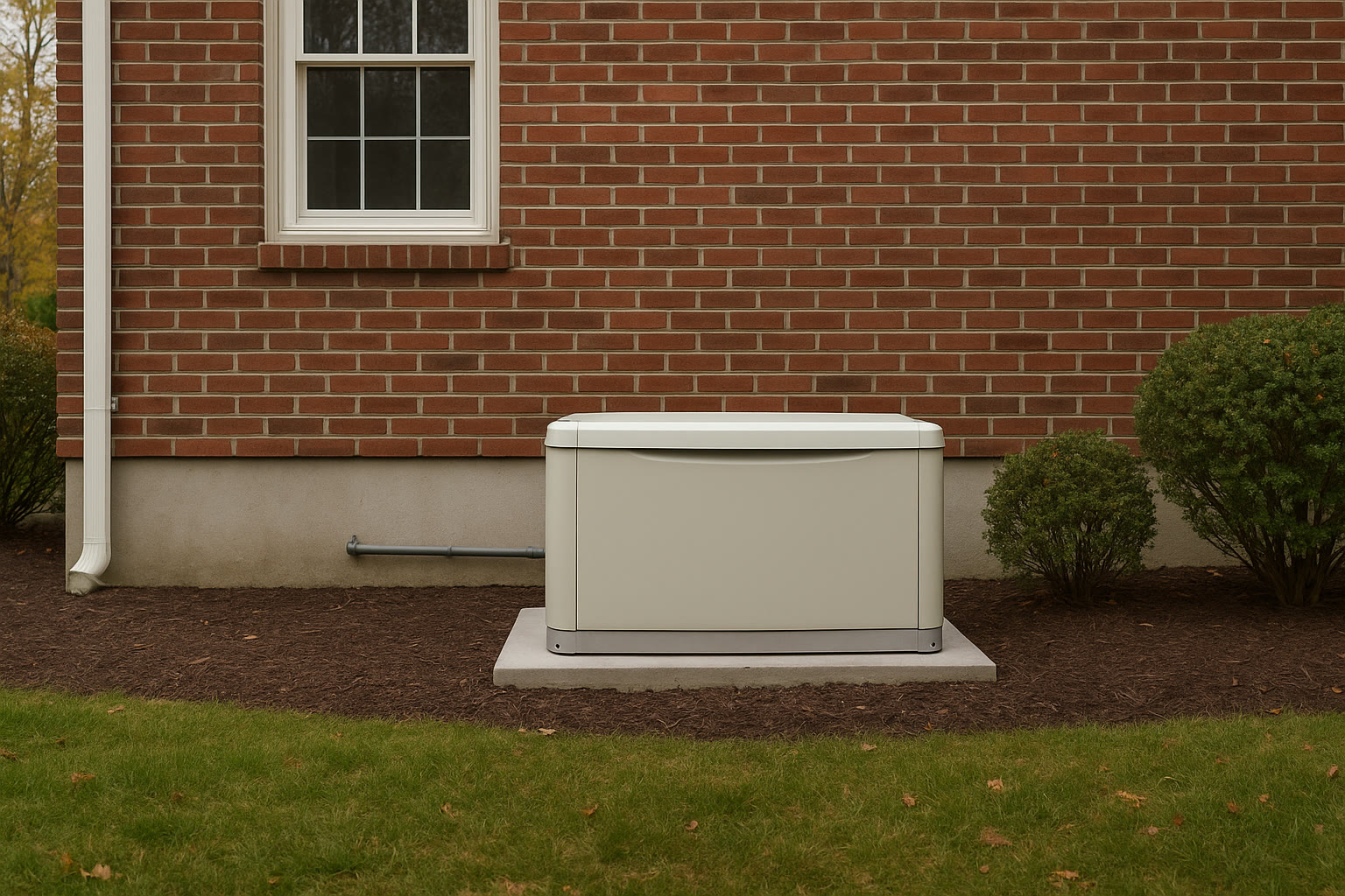 Whole-home standby generator on a concrete pad beside a brick house
